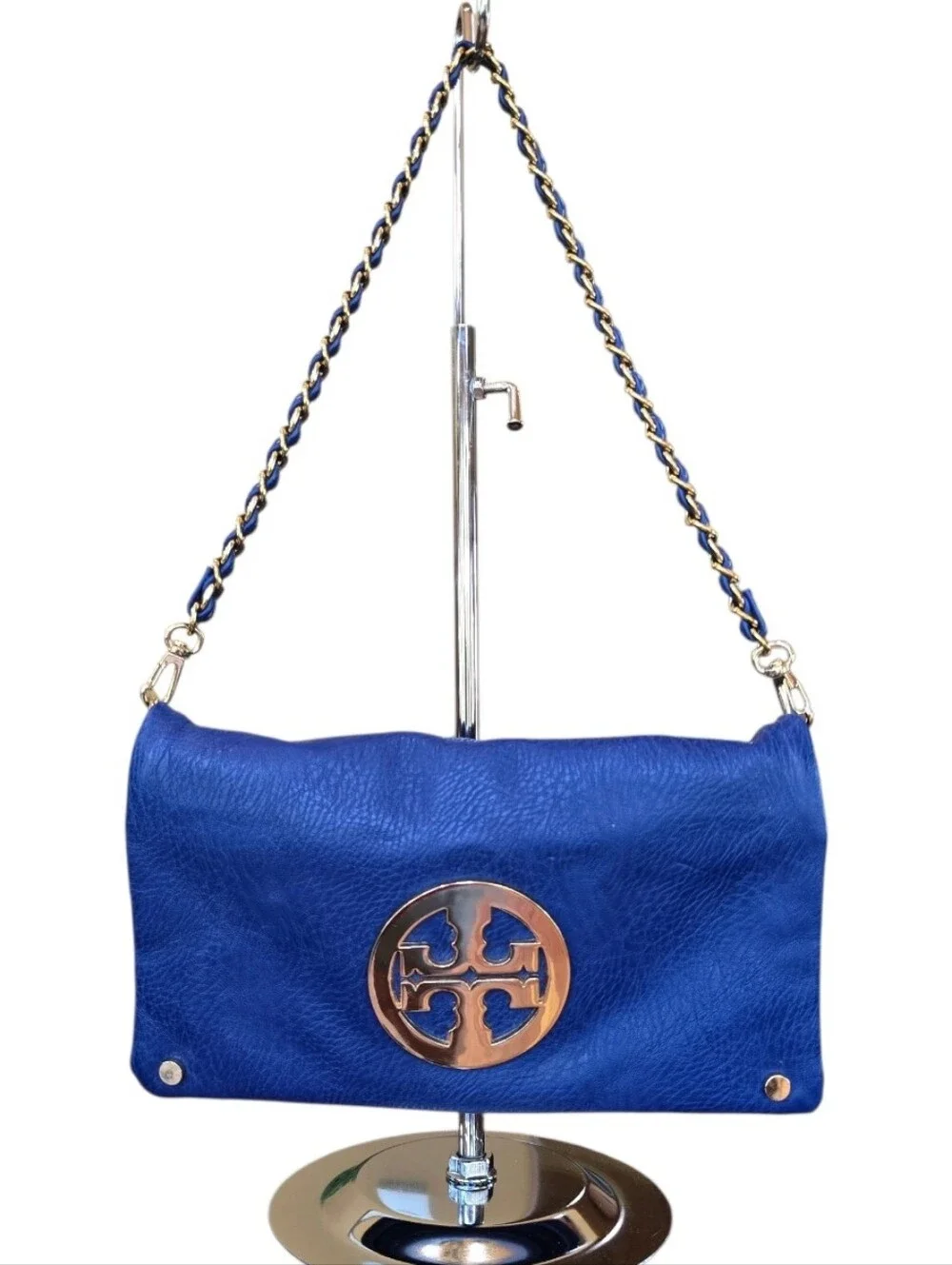 Tory Burch Cobalt Blue Pebbled Leather Convertible Clutch Shoulder Bag